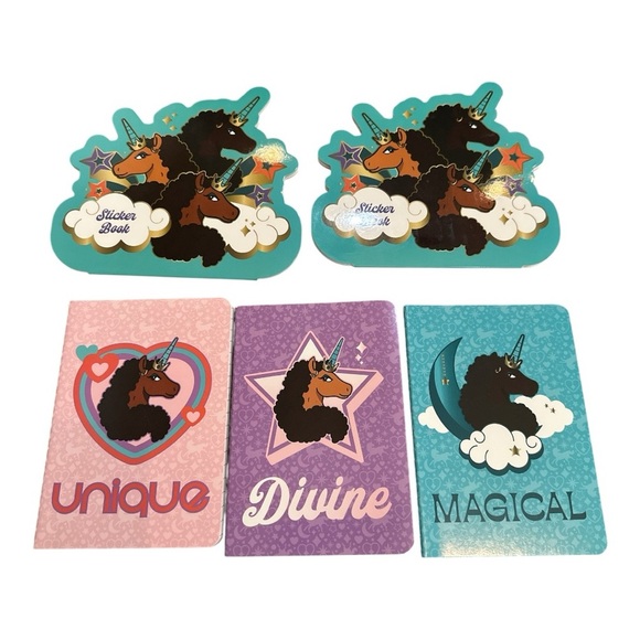 Afro Unicorn Notebook Trio + 2 Sticker Books Bundle - Picture 1 of 5